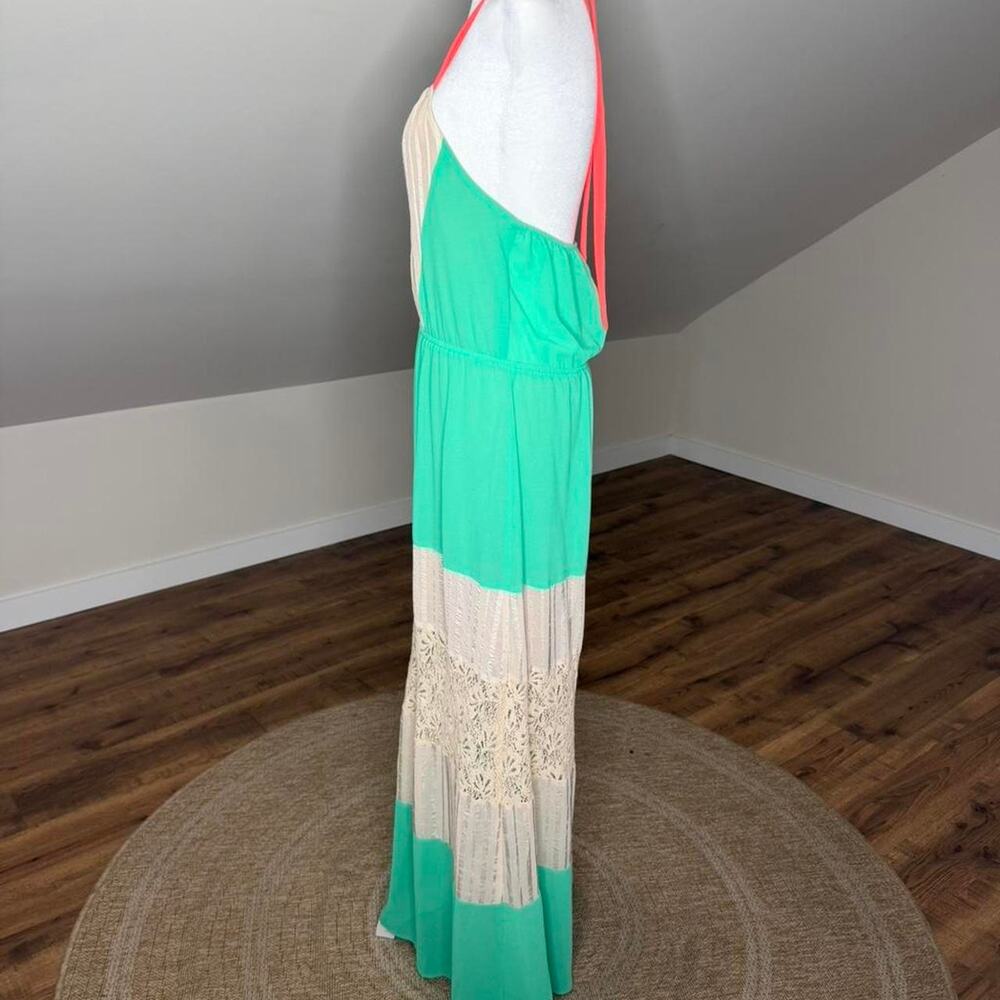 DejaVu Mint Green Lace Halter Maxi Dress Size M Boho Beachy Summer - Picture 6 of 7